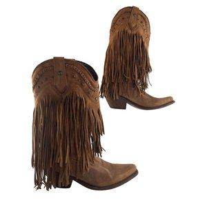 Ladies Liberty Black Vegas Brown Leather Fringe Pointed Toe Western Boots Size 8